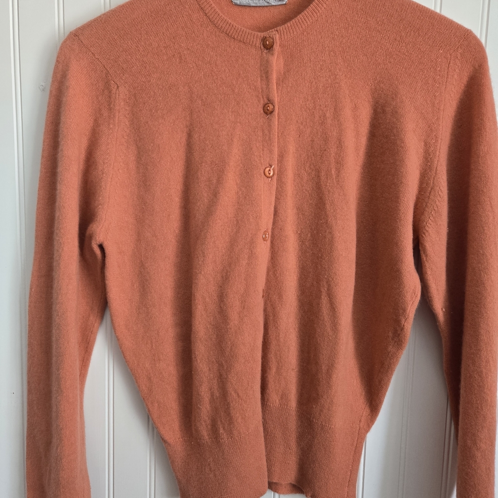 Vintage 100% Pure Cashmere Orange Button Up Crew Neck Cardigan Sweater - Picture 2 of 6